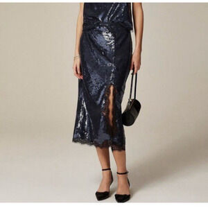 J Crew Medium Size 8 Black Sequin Midi Skirt Holiday Thigh Slit Whimsigoth NEW